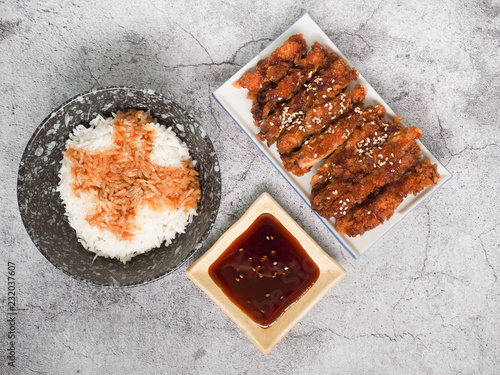 Rice with teriyaki chicken grill or teriyaki don in Japanese style set. Ready to eat set.