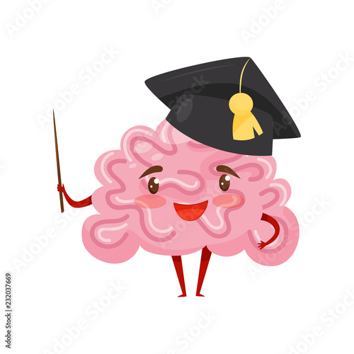 Funny humanized brain in black academic cap with pointer in hand. Cartoon character with happy face. Flat vector design