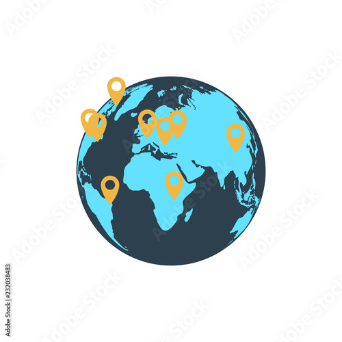Vector earth globe icon with markers in flat style. 