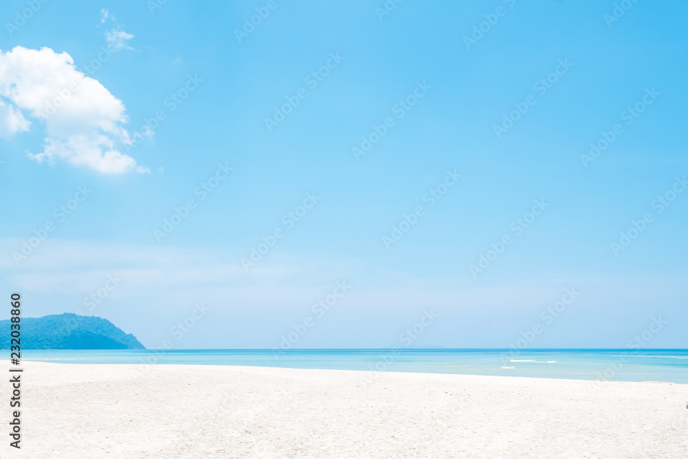 Beautiful white sand beach with island in summer time concept travel, holiday and vacation. Tropical paradise beach nature landscape in Thailand Beautiful white sand beach with island in summer time concept travel, holiday and vacation. Tropical paradise beach nature landscape in Thailand