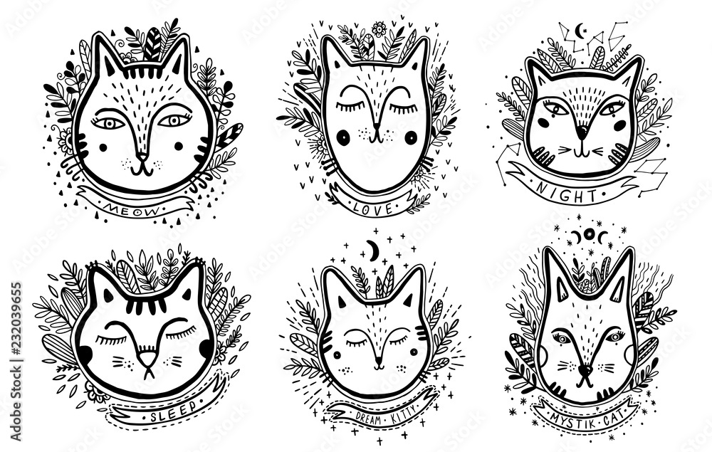 Set Happy cat drawing. Style drawing doodle. Mystic kitty art. Set Happy cat drawing. Style drawing doodle. Mystic kitty art.