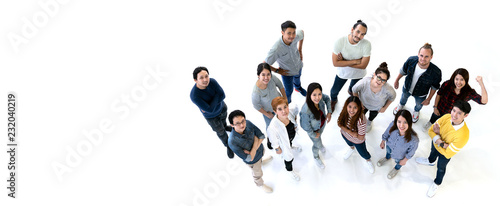 Group of Diversity People Team smiling with top view. Ethnicity group of creative teamwork in casual happy lifestyle together with copy space. Different in staff generations concept Banner.