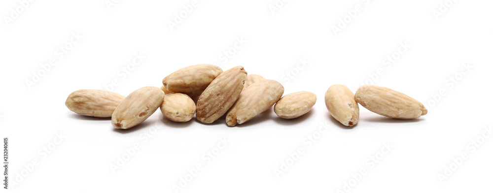 Blanched almonds, pile, isolated on white background Blanched almonds, pile, isolated on white background