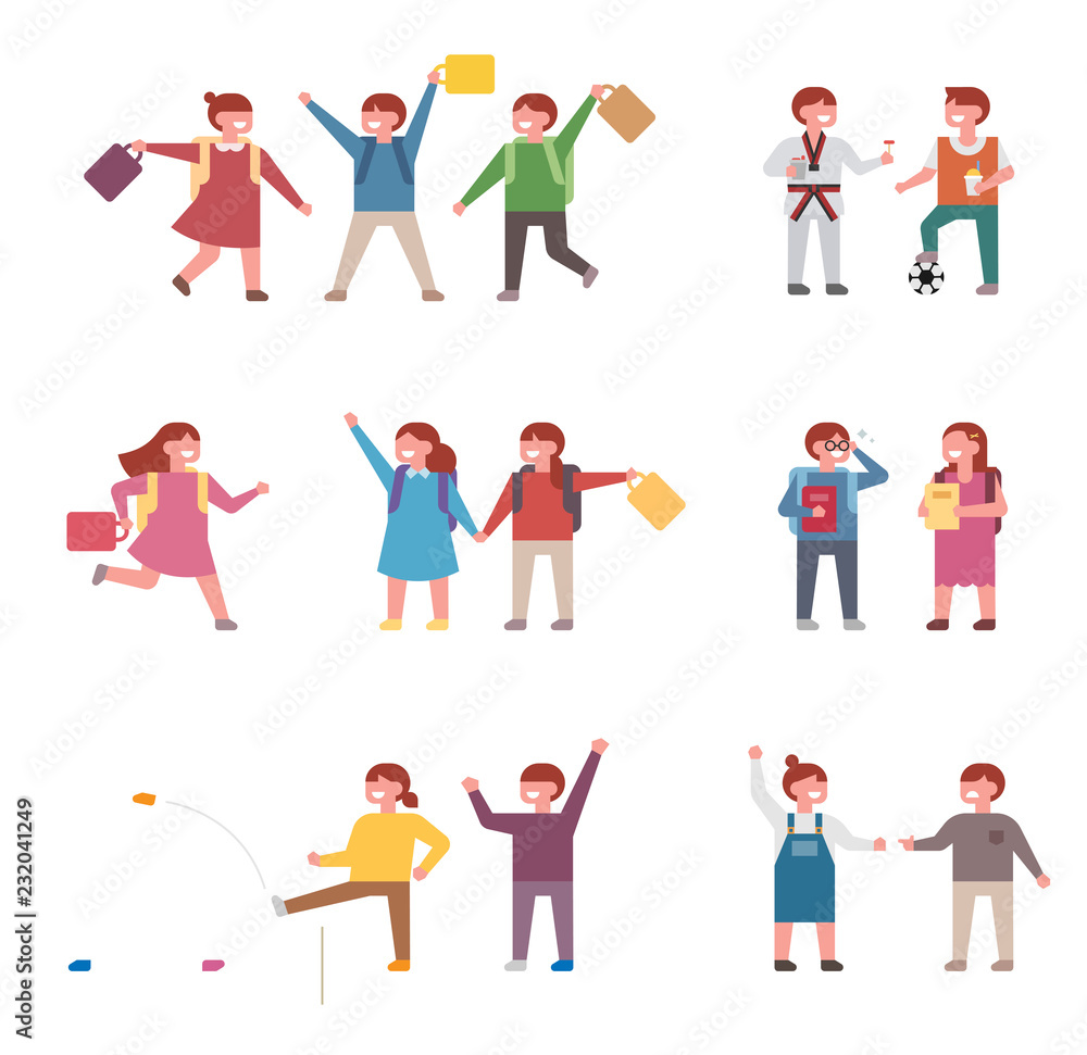 A cute elementary school character set playing backpacks with friends. flat design style vector graphic illustration.
