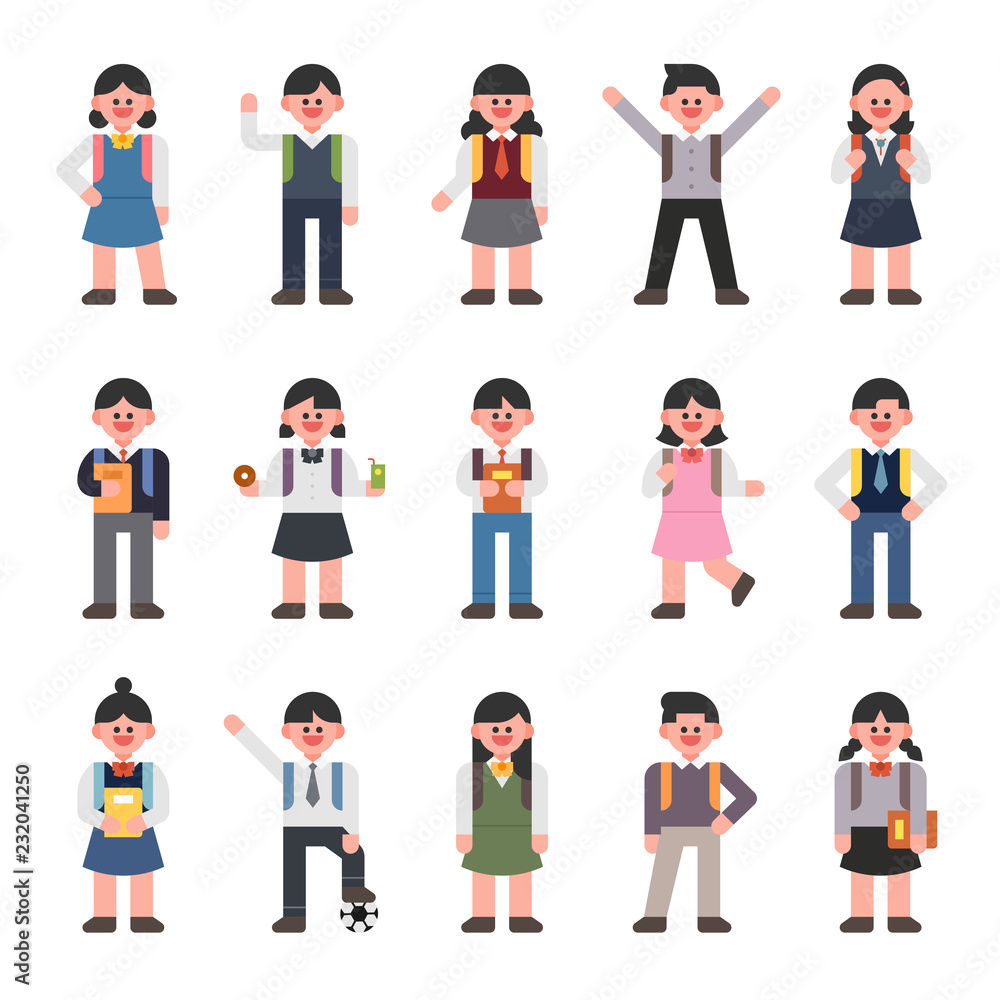 Cute character set carrying a backpack. flat design style vector graphic illustration.