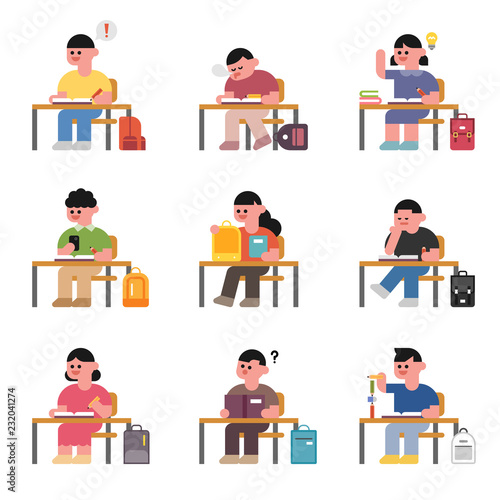 A cute kids character set to study sitting in a classroom desk. flat design style vector graphic illustration.