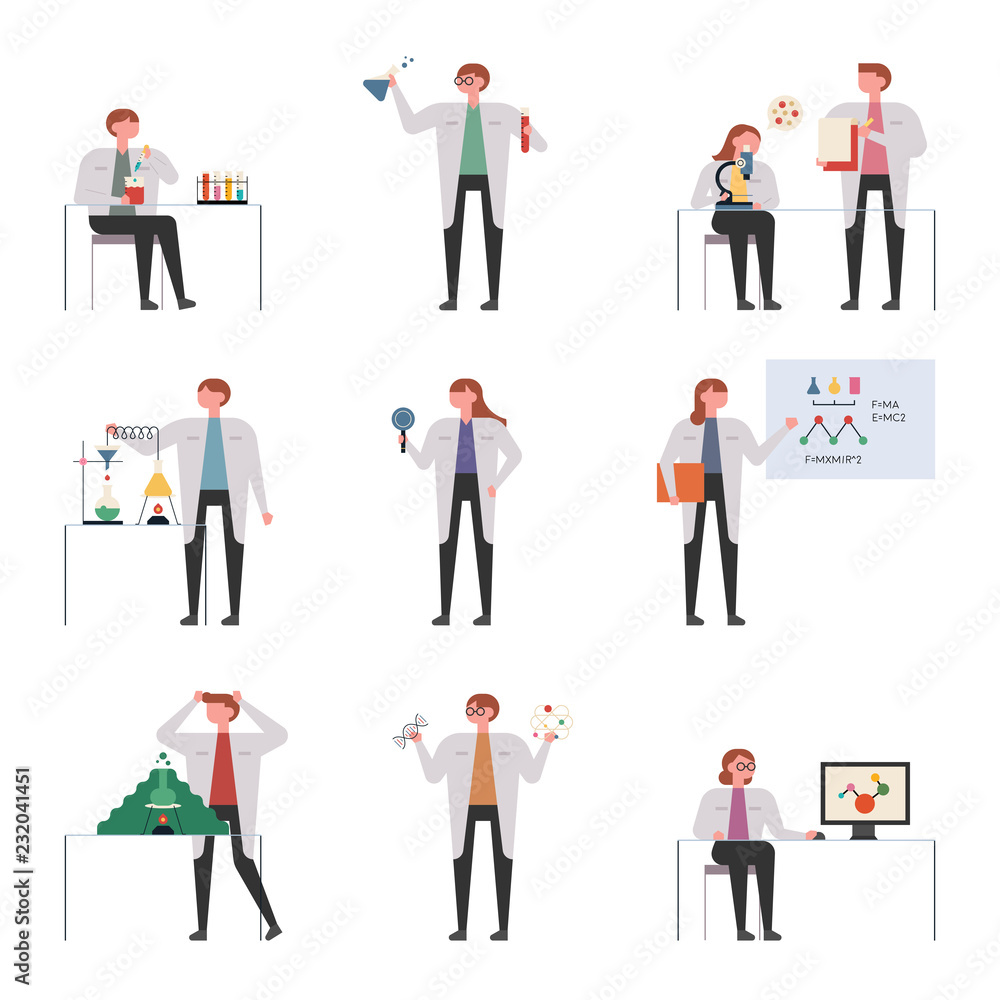 A set of scientist characters dressed in gowns doing various experiments. flat design style vector graphic illustration.