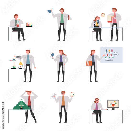A set of scientist characters dressed in gowns doing various experiments. flat design style vector graphic illustration.