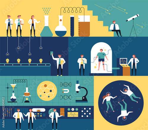 Things happening in a science laboratory building divided into sections. flat design style vector graphic illustration.