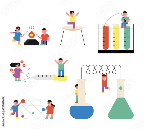A cute child character is playing with an instrument. flat design style vector graphic illustration.