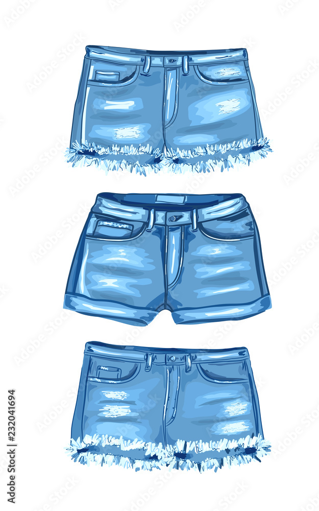 Clipart set. Fashion jean shorts. Vector illustration Stock Vector
