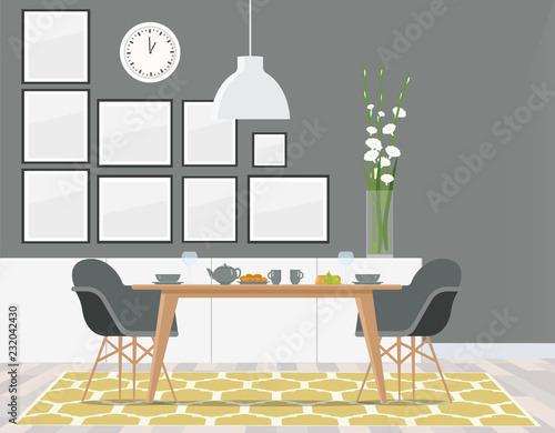 Noble gray dining room with yellow carpet.