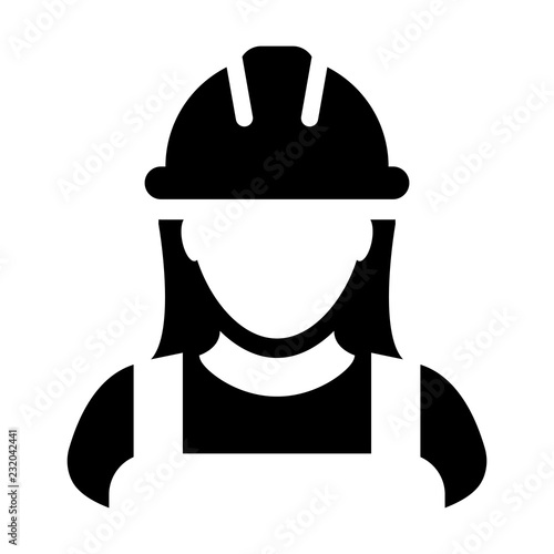 Construction worker icon vector female service person profile avatar with hardhat helmet in glyph pictogram illustration