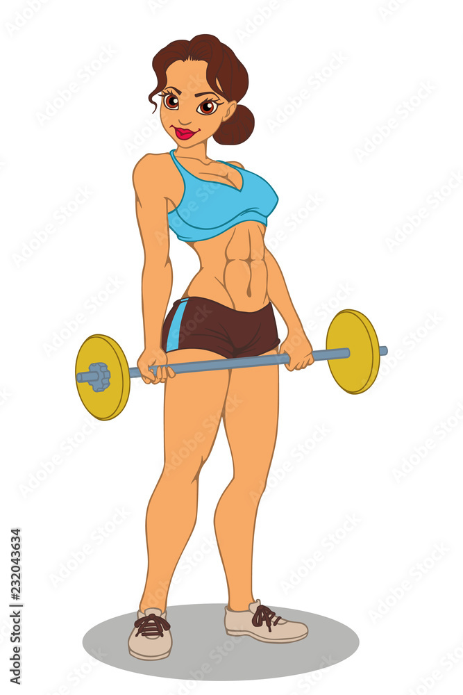 Obraz premium Athletic sexy girl with a barbell vector illustration