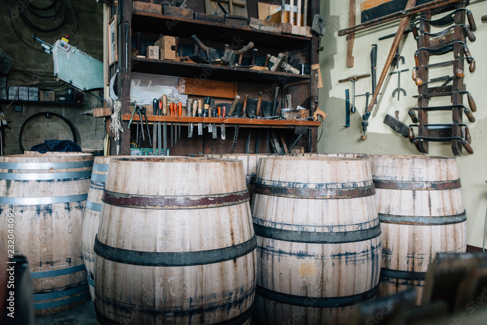 Wooden barrels in process of manufacturing Wooden barrels in process of manufacturing