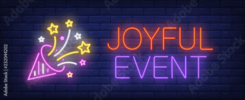 Joyful event neon sign. Burst cracker on brick wall background. Vector illustration in neon style for anniversary, birthday or new year party