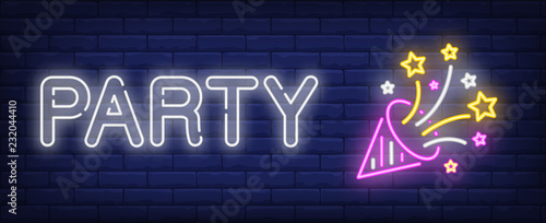 Party neon sign. Burst cracker on brick wall background. Vector illustration in neon style for birthday party, Christmas or new year celebration