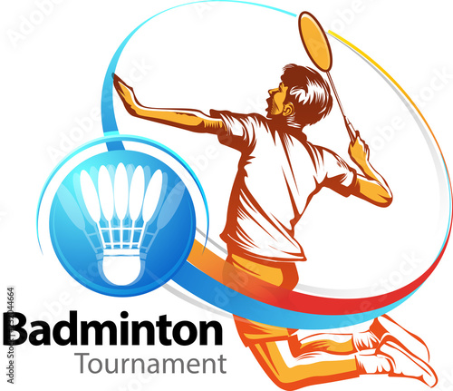 Vector illustration, badminton players in action as a symbol or icon Badminton tournament event