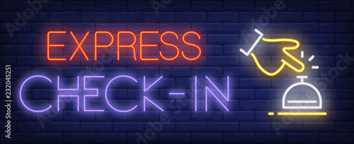 Express check-in neon sign. Glowing inscription with hand and table bell on dark blue brick background. Can be used for hotel services, hospitality, check-in, front hotel desk