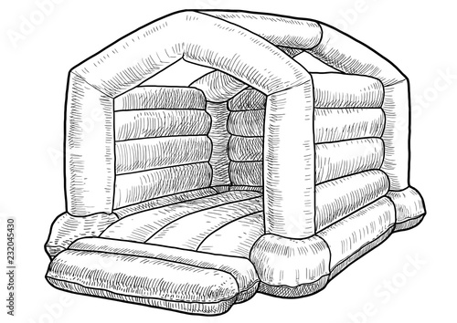 Bouncy castle illustration, drawing, engraving, ink, line art, vector