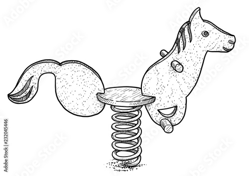 Horse seesaw illustration, drawing, engraving, ink, line art, vector