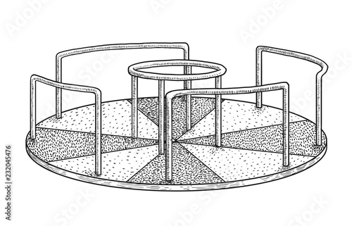 Merry-go-round illustration, drawing, engraving, ink, line art, vector