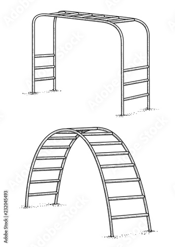 Monkey bar, jungle gym illustration, drawing, engraving, ink, line art, vector