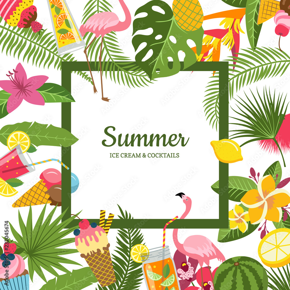Fototapeta premium Vector flat cute summer elements, cocktails, flamingo, palm leaves background with place for text illustration