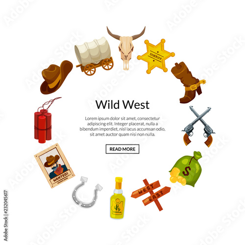 Vector cartoon wild west elements in circle shape with place for text illustration