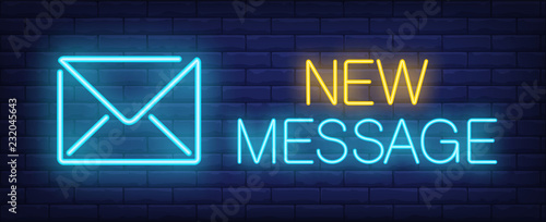 New message neon sign. Glowing inscription with blue neon envelope on dark blue brick background. Can be used for e-mails, internet, web. communication