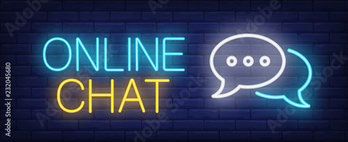 Online chat neon sign. Glowing inscription with speech bubbles on dark blue brick background. Can be used for chatting, internet, apps, messengers, smartphones