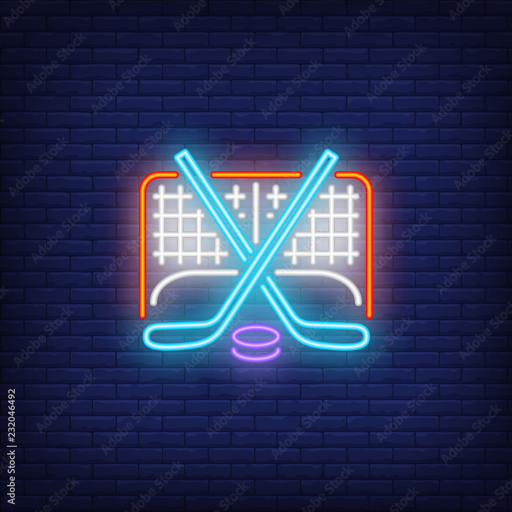 Hockey goal, crossed sticks and puck neon sign. Hockey advertisement design. Night bright neon sign, colorful billboard, light banner