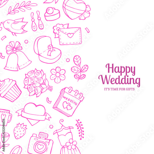Vector doodle wedding elements background with place for text illustration isolated on white
