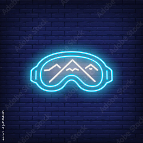 Ski goggles neon sign. Ski resort, winter sport and advertisement design. Night bright neon sign, colorful billboard, light banner. Vector illustration in neon style.