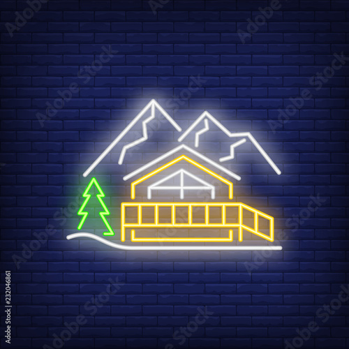 Ski resort guest house neon sign. Tourism, winter sport and advertisement design. Night bright neon sign, colorful billboard, light banner. Vector illustration in neon style.