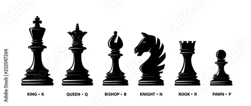 Chess piece icons with name. Board game. Black silhouettes isolated on white background. Vector illustration.
