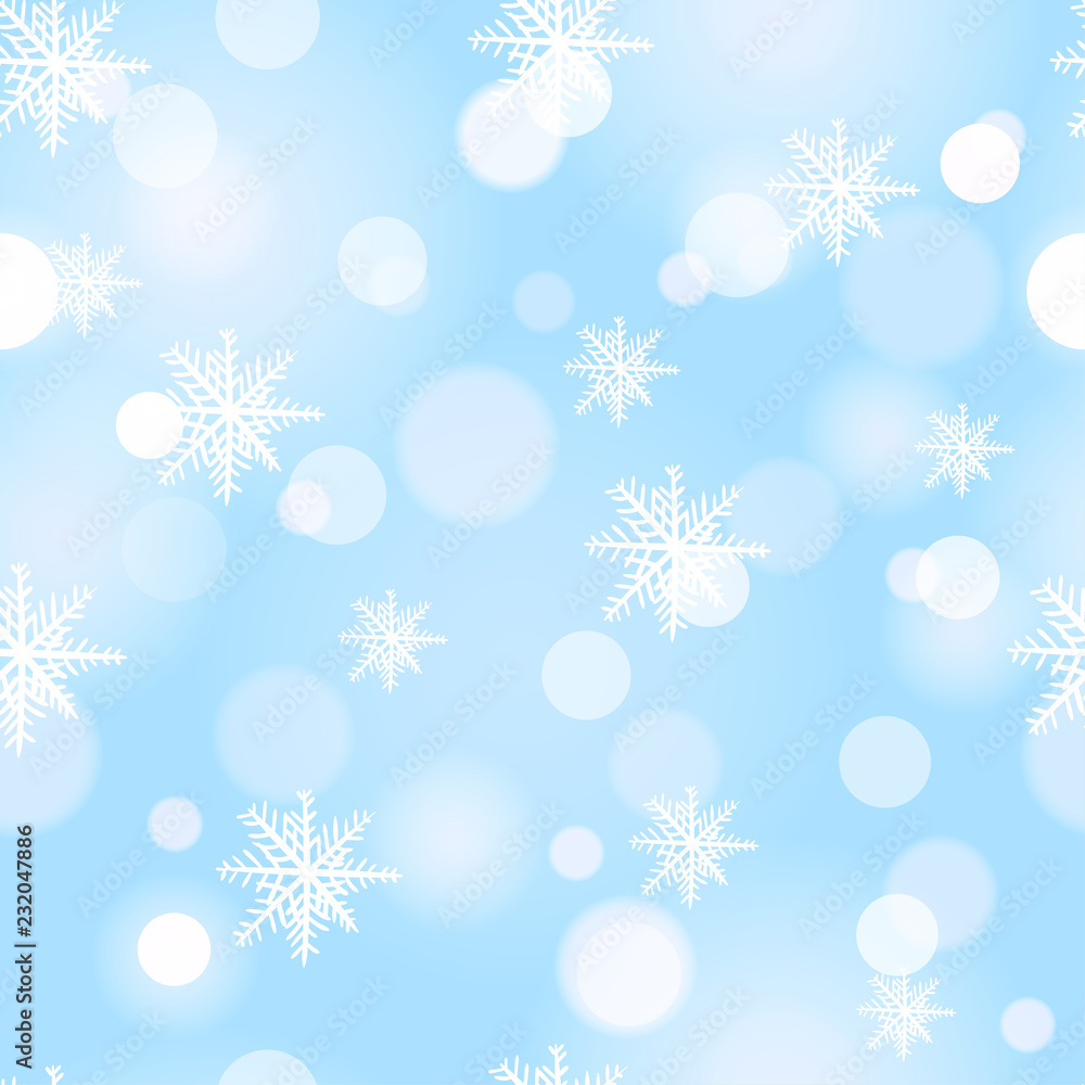 Christmas seamless snowflakes background with light boke