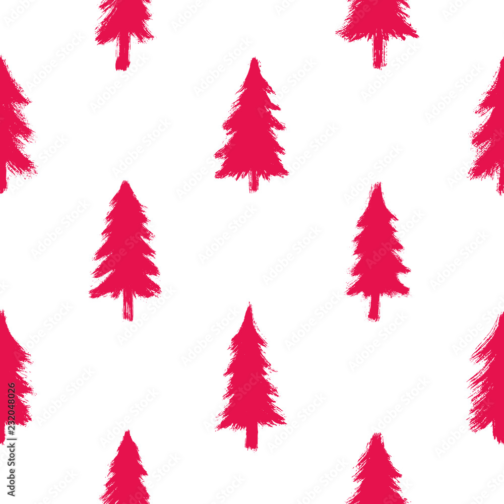 Seamless pattern with red Christmas trees isolated on white background. Winter forest wallpaper. Doodle style grunge shapes. Seamless pattern with red Christmas trees isolated on white background. Winter forest wallpaper. Doodle style grunge shapes.