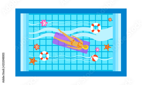 Young beautiful woman relaxing on inflatable mattress at swimming pool, top view vector Illustration