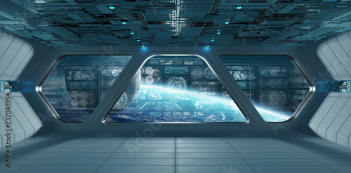 Fototapeta Naklejka Na Ścianę i Meble -  Blue spaceship interior with control panel screens 3D rendering