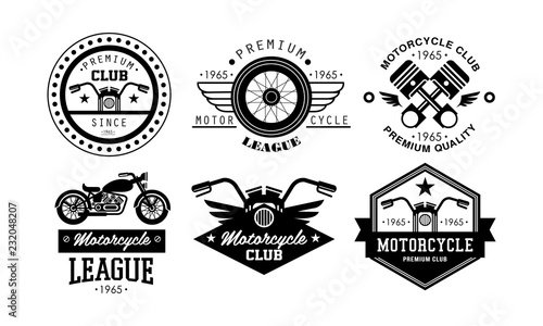 Premium motorcycle league logo set, retro badges for biker club, motorcycle parts store, repair service vector Illustration on a white background