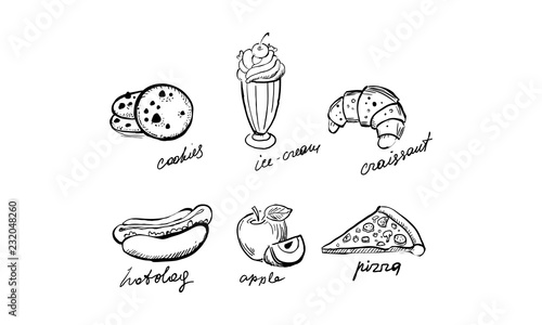 Collection of fast food dishes, cookies, ice cream, croissant, hot dog, apple, pizza, hand drawn vector Illustration on a white background
