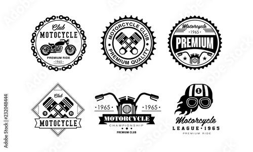Motorcycle club logo set, retro badges for biker club, auto parts store, repair service vector Illustration on a white background
