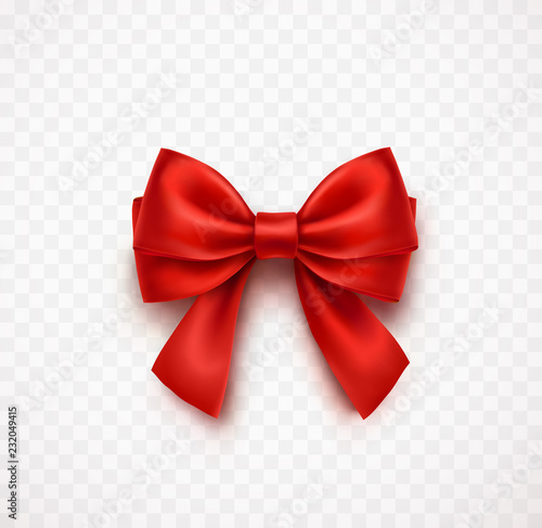 Bow isolated on transparent background. Vector Christmas red satin ribbon with shadow, xmas wrap element template. photo