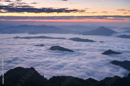 Sunrise and Mist mountain in Phu Chi Dao located in Chiang Rai  Thailand. Phu Chi Dao is the natural border between Thailand and Laos.