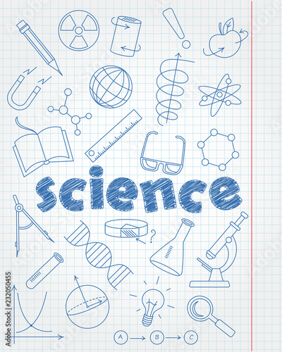 Icons set of contour icons on the subject of education and science, blue  contour  icons on the clean writing-book page in a cage and the inscription of science