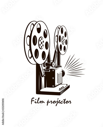 monochrome illustration of film projector isolated on white background