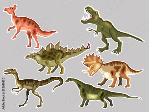 T-REX,  Tyrannosaur, Velociraptor, Triceratops, Brontosaurus, Parasaurolophus, Stegosaurus. Cute vector cartoon  set of a dinosaurs,  patches and stickers collection.