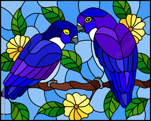 Illustration in stained glass style  with pair of blue birds parrots on branch  tree with yellow  flowers against the sky