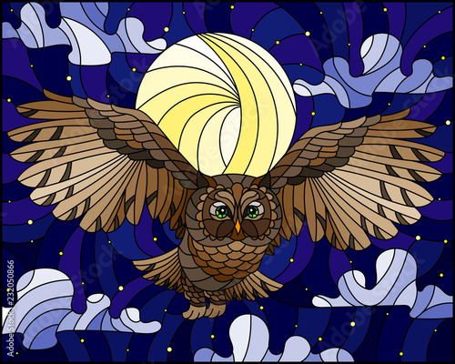 Illustration in stained glass style with wild owl flying against the starry  sky and moon
